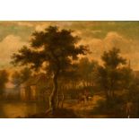 19th century school, possibly Dutch, a scene of figures on horseback by a watermill, oil on mahogany