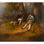 19th century continental school, A scene of two resting huntsmen with their dogs beneath a tree, oil