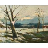 H.E. Lewis (20th century) British, 'Snow Scene', A winter landscape at dusk, oil on board, signed