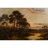 Daniel Sherrin (1868-1940) British. A river landscape at dusk, with figures in the undergrowth,