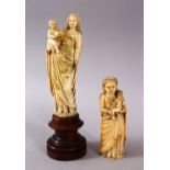 TWO 17TH / 18TH CENTURY GOAN CARVED IVORY RELIGIOUS FIGURES, Two figures both holding young, one