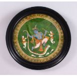 A 19TH CENTURY INDIAN PAINTING OF KRISHNA ON LEATHER, the blue skin god depicted with attendants