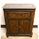 A LARGE CHINESE CARVED WOODEN SIDE CUPBOARD / BAR, Each panel carved with scenes of figures and