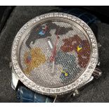 A JACOB & CO. FIVE TIME ZONE WRISTWATCH with diamond and leather strap in a Jacob case with a
