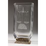 A GOOD, POSSIBLY BACCARAT, GLASS VASE engraved with a scales of justice on a silver base. 8.5 ins