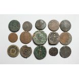 A MIXED LOT OF ROMAN, ENGLISH AND FOREIGN COINS, (15 )bronze