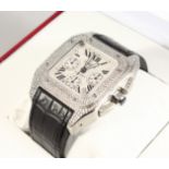 A SUPERB CARTIER STAINLESS STEEL DIAMOND SET WRIST WATCH with leather strap No. 169549 LX 2740 in