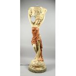 A COMPOSITION CREAM AND GILDED UPLIGHTER formed as a classical female figure holding a basket, 4 ft.