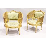 A GOOD PAIR OF FRENCH GILDED BERGERE ARMCHAIRS WITH PADDED BACKS AND SEATS.