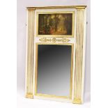 A GEORGIAN DESIGN, CREAM PAINTED AND GILT UPRIGHT MIRROR with a painting of Georgian figures in a