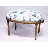 A GILT WOOD LARGE STOOL, upholstered with a floral print, on square legs. 3 ft 3 ins long x 2 ft