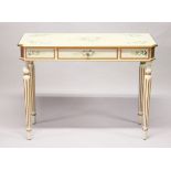 A CREAM AND GILT SINGLE DRAWER SIDE TABLE painted with flowers. 3 ft 4 ins long , 1 ft 4 ins deep, 2