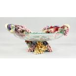 AN ITALIAN AND EVIK GLASS AND POTTERY FRUIT AND VINE DISH, 16 ins diameter.