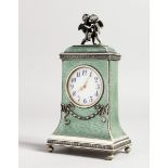 A SUPERB RUSSIAN SILVER AND ENAMEL CLOCK, the top with two cupids, stamped 88, ER and Faberge