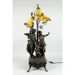 AFTER MOREAU, A BRONZE GROUP OF TWO CLASSICAL FIGURES AND CUPID, holding aloft three lights, on a