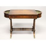 A REGENCY DESIGN MAHOGANY SIDE TABLE, with a single drawer, the bowed ends with zinc liners,