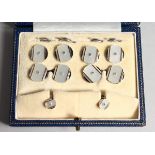 A BOXED SET OF 9ct WHITE GOLD & MOTHER OF PEARL DIAMOND SET CUFF LINKS AND STUDS