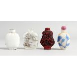 FOUR CHINESE SNUFF BOTTLES including a cinnabar lacquer