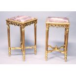 A PAIR OF GOOD GILT WOOD AND MARBLE TOP SQUARE SHAPE OF OCTANGONAL TABLES, 1 ft 4 ins wide x 2 ft
