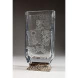 A GOOD POSSIBLY BACCARAT GLASS VASE engraved with coat of arms on silver base 8.5ins high