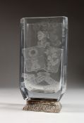 A GOOD POSSIBLY BACCARAT GLASS VASE engraved with coat of arms on silver base 8.5ins high