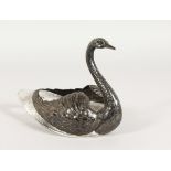 A SUPERB SILVER AND CRYSTAL SWAN 8 ins long