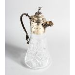 A GOOD CUT GLASS TAPERING CLARET JUG with silver mounts, 11.5 ins high Birmingham 1985