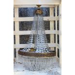 A LARGE ORMULU AND CUT GLASS BAG STYLE CHANDELIER 3 ft 6 ins high x 2 ft wide