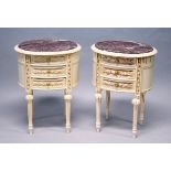 A PAIR OF FRENCH STYLE CREAM PAINTED THREE DRAWER BEDSIDE CHEST WITH MARBLE TOPS 1 ft 8 ins wide x 1