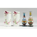 A PAIR OF OVAL VASES painted with birds, 5.5 in. high and two glass sand vases, 5 in. high. (4)
