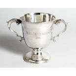 A POLO TROPHY, TWO HANDLED PEDESTAL CUP, 5 ins high, Quetta Polo Tournament 1909 London 1909, weight