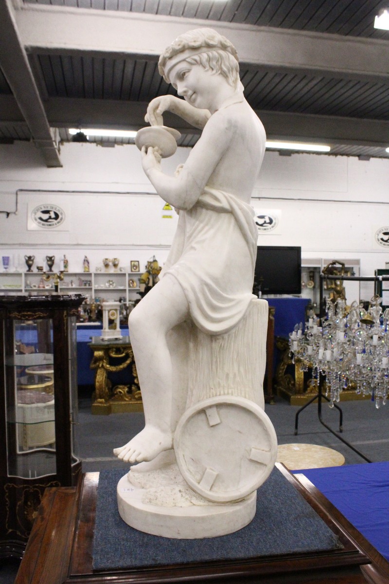 A GOOD LARGE ITALIAN CARVED CARRERA MARBLE, CHILD PERSONIFYING MUSIC, carved as a young female - Image 4 of 5