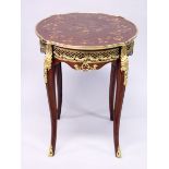 A FRENCH STLYE MAHOGANY AND ORMOLU MOUNTED MARQUETRY CENTRE TABLE, on cabriole legs 1 ft 11 ins