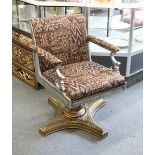 A HIGHLY ORNATE CAST AND POLISHED STEEL AND BRASS REVOLVING ARMCHAIR, possible originally a barber's
