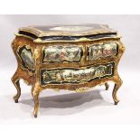 A SUPERB ITALIAN BOMBE AND SERPENTINE FRONTED COMMODE with painted panels of figures, gilt