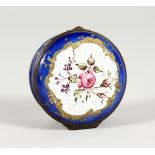 A FRENCH ENAMEL CIRCULAR BLUE SNUFF BOX.