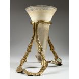 A FROSTED GLASS TRUMPET VASE in a gilt frame, 10.5 in. high.