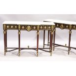 A GOOD PAIR OF LOUIS XVI STYLE BREAKFRONT CONSOLE TABLES with white marble tops, fitted with a