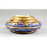 AN ITALIAN BLUE AND GILDED CIRCULAR BOWL AND COVER painted with roses, 9 in. diameter.