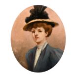 Late 19th century, A portrait of a lady in a hat, oil on canvas, 29" x 24", (oval), (unframed).