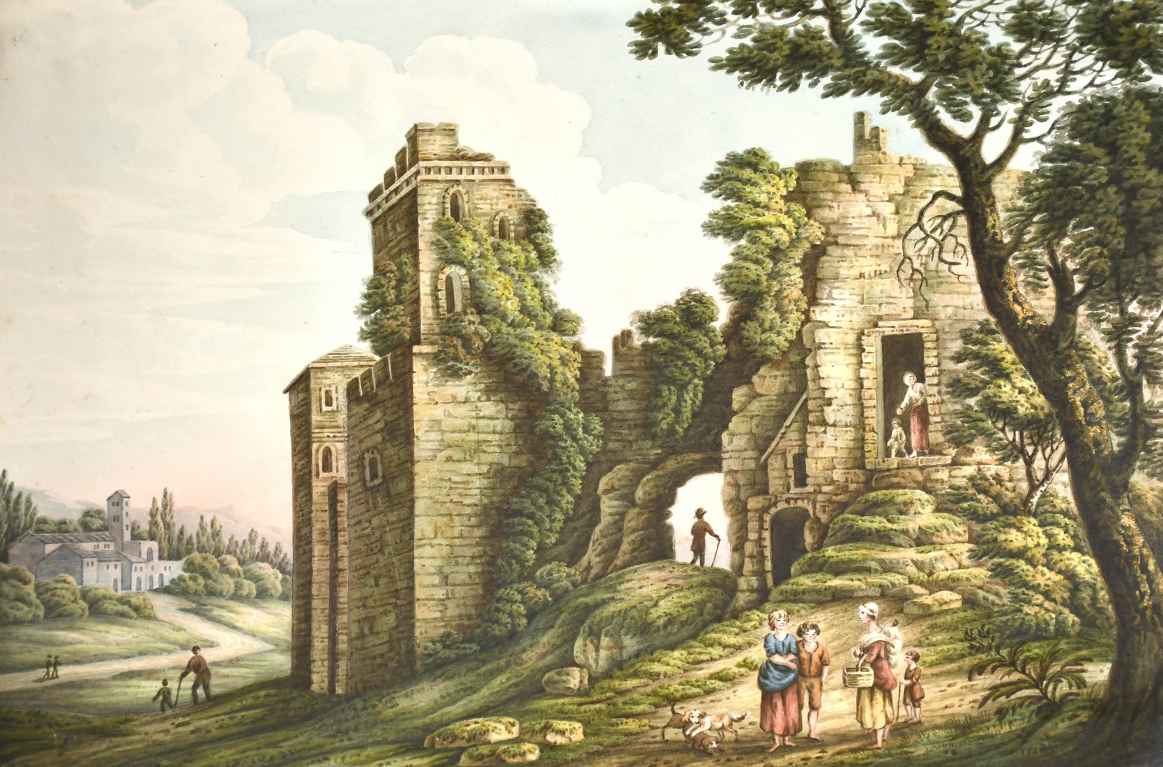 19th century English school, A scene of figures exploring a derelict castle ruin along with three