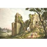 19th century English school, A scene of figures exploring a derelict castle ruin along with three