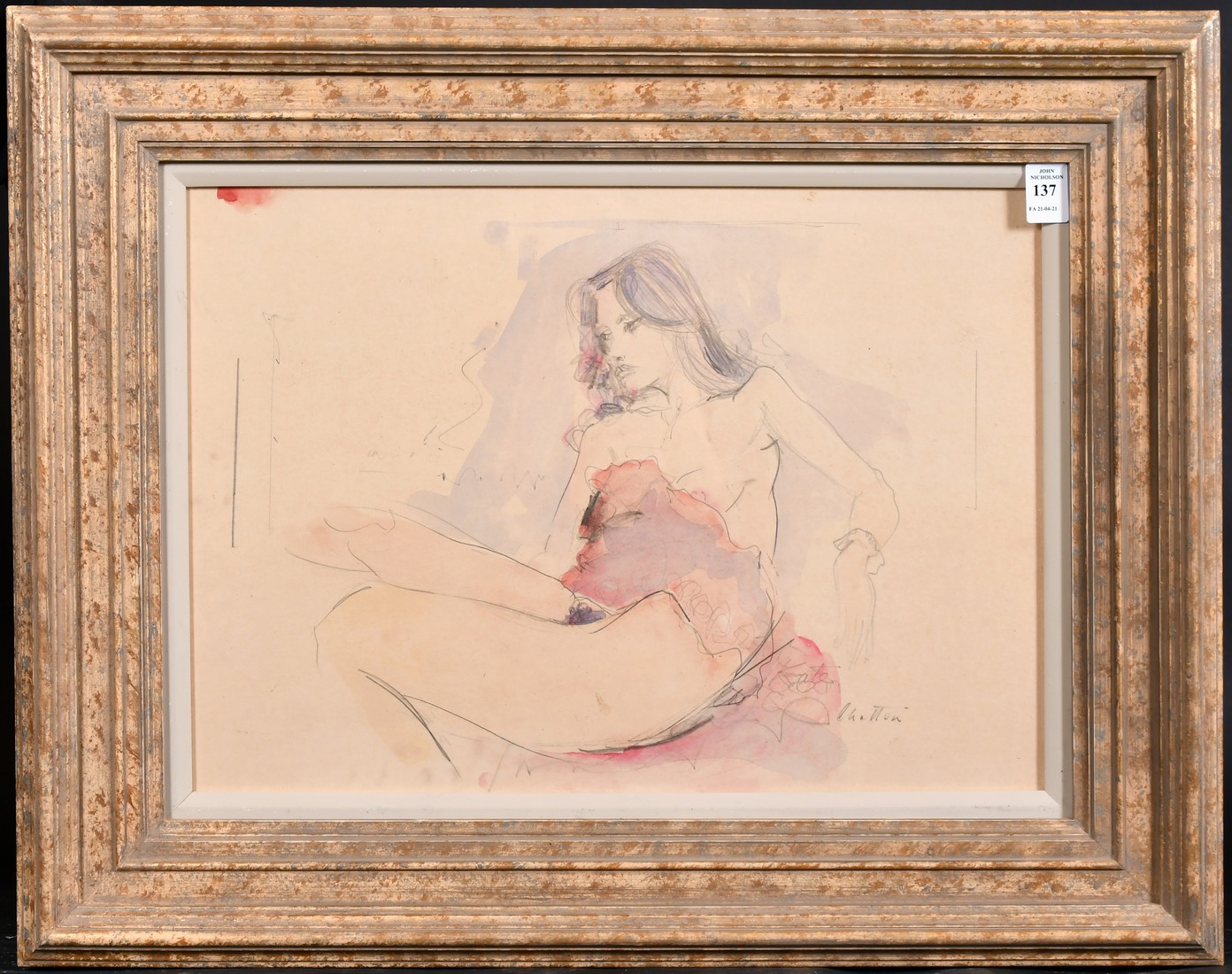 Geoffrey Chatten (b. 1938) Study of a scantily clad female figure, watercolour, 13" x18.5". - Image 2 of 4