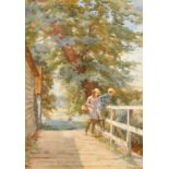 Charles Haigh-Wood (1854-1927). Children on a bridge with trees beyond, watercolour, signed, 19" x