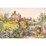 Early 20th century British school, A country cottage with a garden in full bloom, watercolour, 13.5"