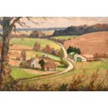 Henry Samuel Merritt, A pathway through Farm Buildings, oil on board, signed, 10" x 14".