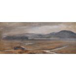 Late 19th century school, a scene of a beached boat at low tide with hills beyond, oil on canvas,