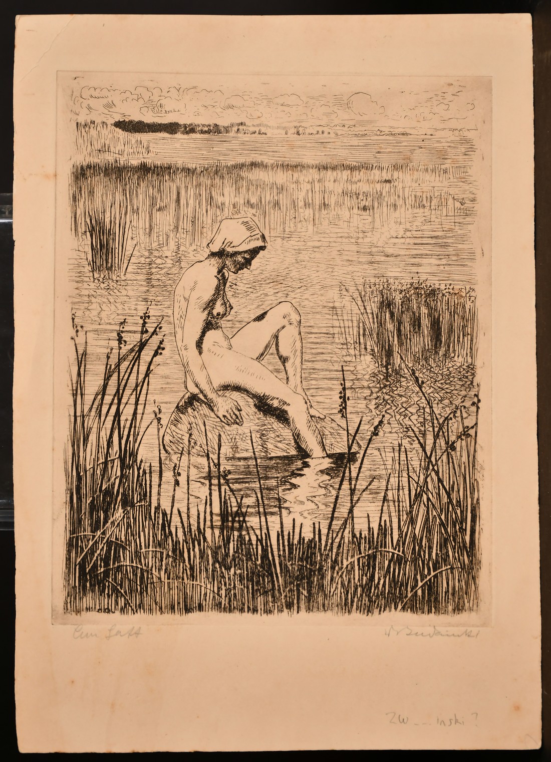 20th century school, a scene of a female nude sat at the lakeside, etching, indistinctly signed - Image 2 of 3