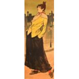 Early 20th century French, A print of an elegant lady on a Paris street, 53" x 20".