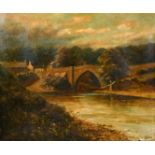 J. S. Hall early 20th century, A river landscape with a river and cottages beyond, oil on canvas,